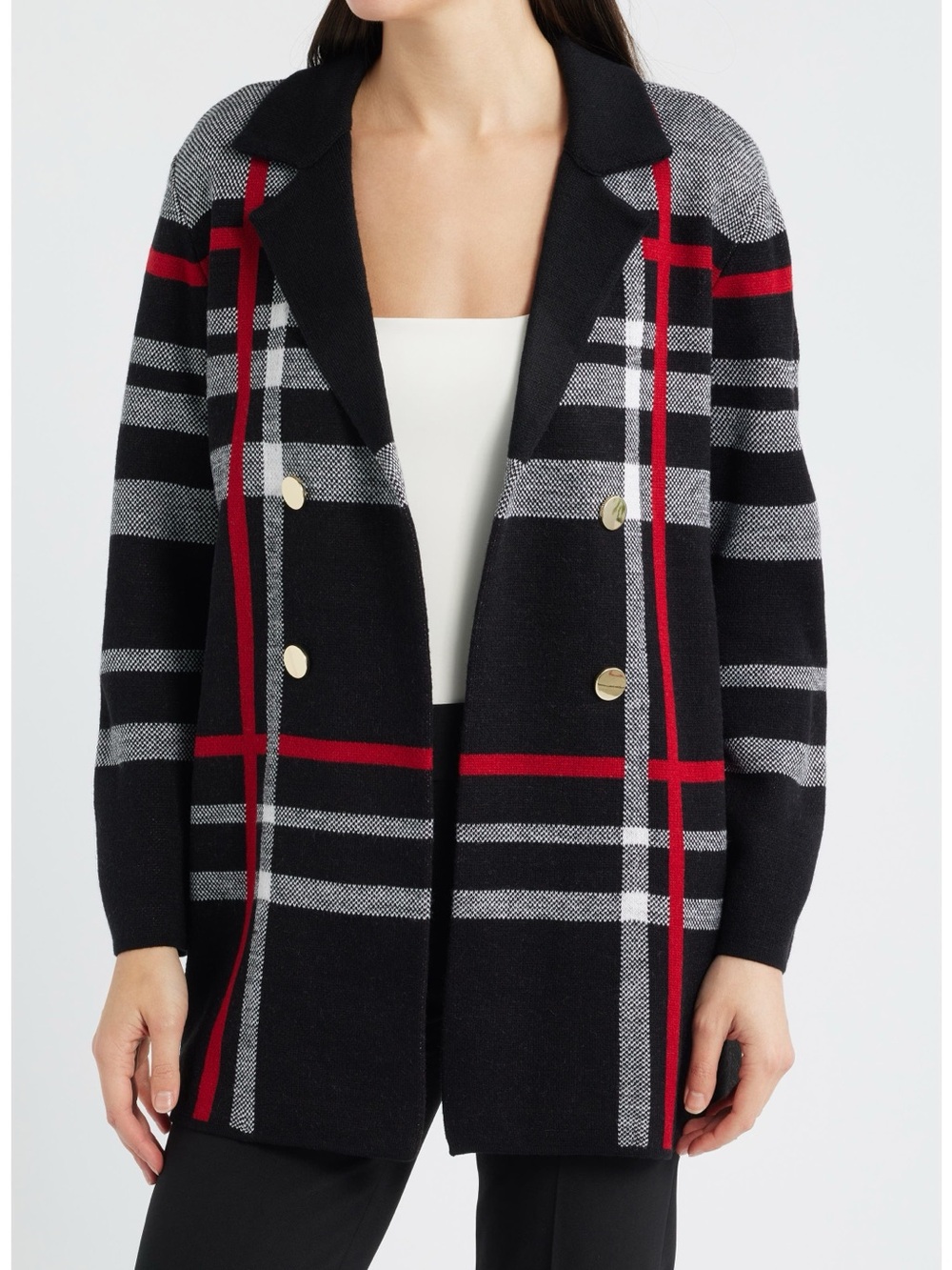 NWT New Kasper Double Breasted Plaid Knit Coatigan Size M Petite